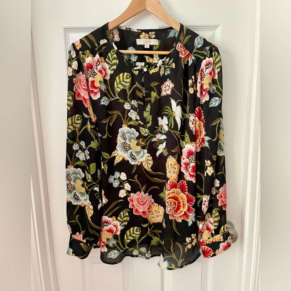 Ann Taylor Loft, XXL, floral silk blouse, long sleeve, black and pink.